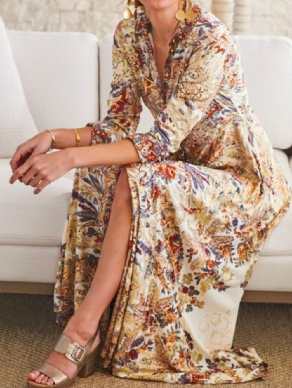Soft Surroundings Boho Metallic Floral Maxi Collared Shirtdress Sz S - Picture 5 of 16